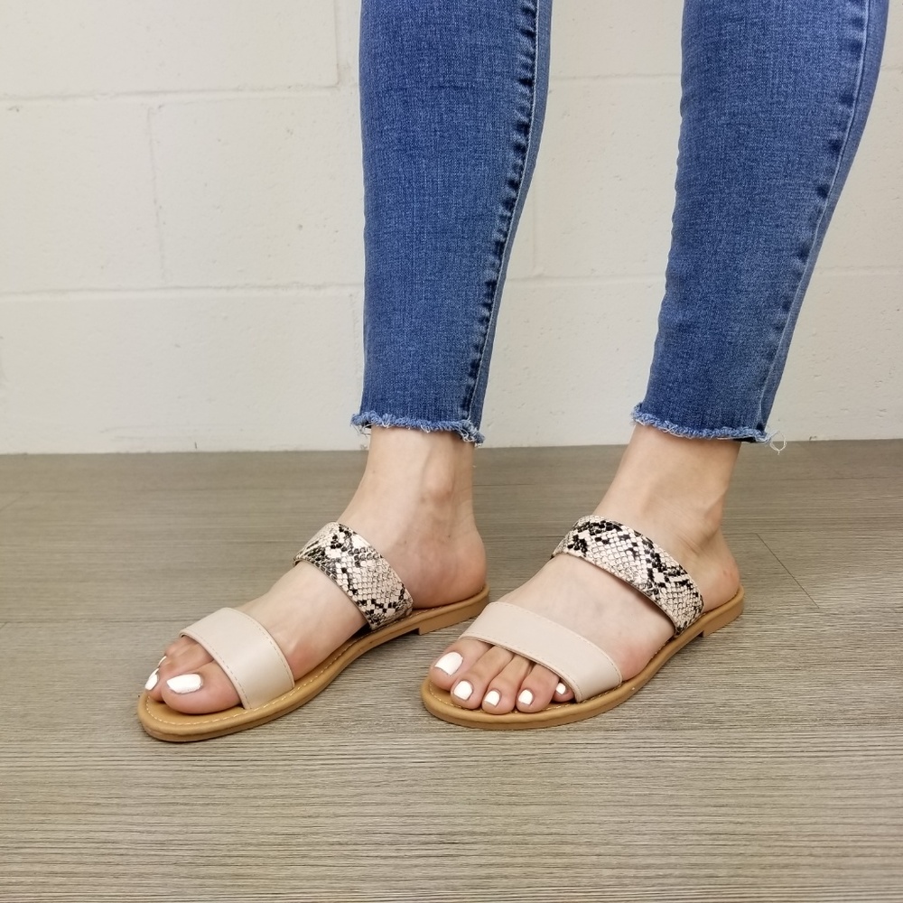 Nude Python Snake Print two Strap Flat Sandal - Picture 7 of 8